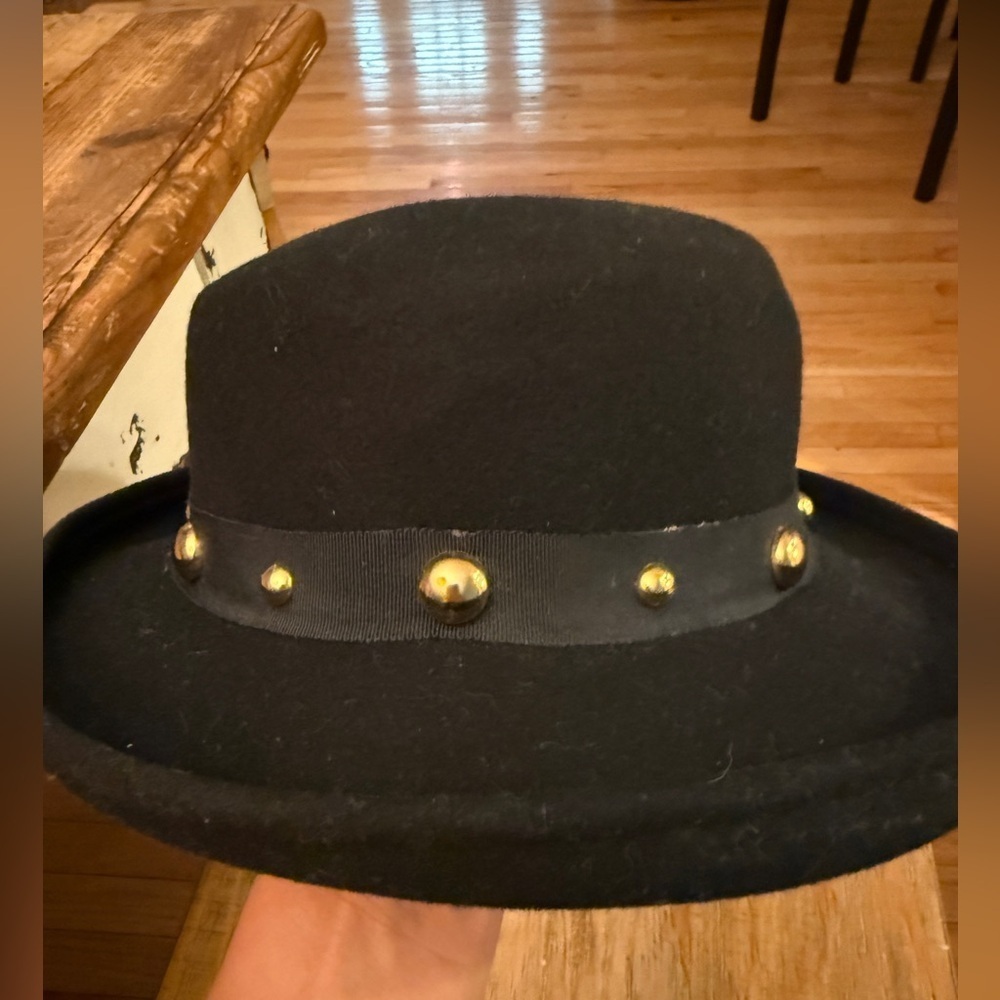 Black Wool Doeskin Felt Hat with Gold Studs 7 inch opening